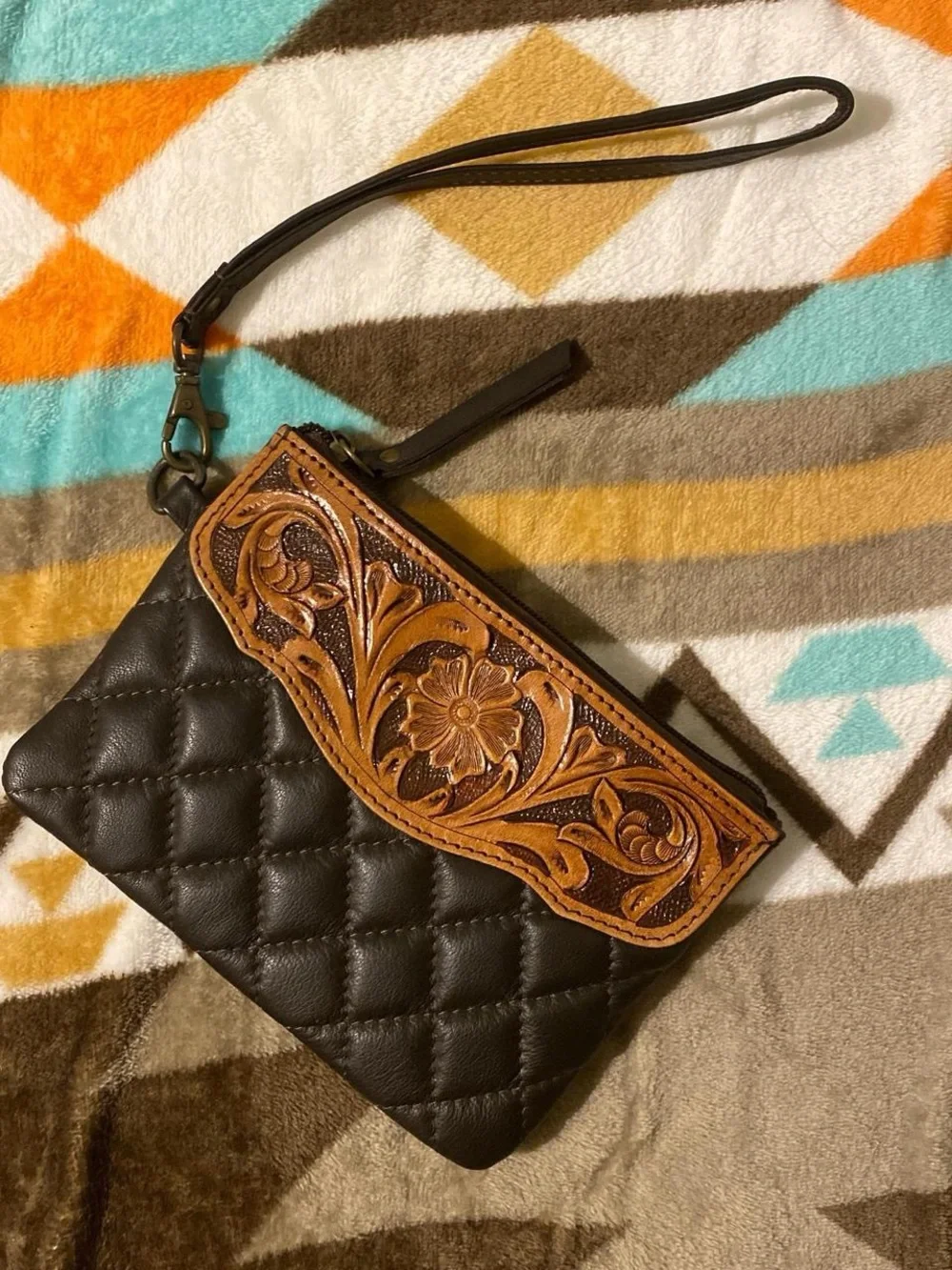 Myra Quilted Black Wristlet with Tooled Brown Leather Accent